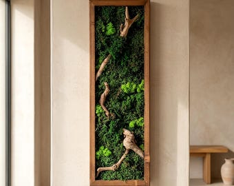Vertical Preserved Moss Wall Art with Natural Wood, Handmade Rustic Green Decor, Modern Organic Biophilic Home Accent