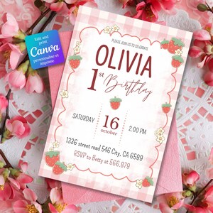 Anniversaire Fraise - Strawberry invitation - Premier anniversaire - Invitation digitale - Template  Canva - FR/ENG