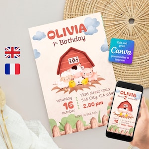 Compleanno in fattoria - invito a tema fattoria - invito digitale - modello Canva - FR/ENG