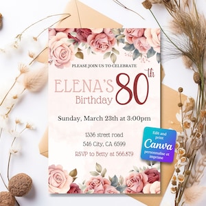 Invitation 80 Ans Personnalisable | Anniversaire Adulte | Fichier Digital à Imprimer | Thème fleurs | Template canva