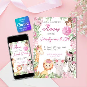 Carte d'anniversaire safari bébé fille- Jungle invitation modifiable -  à imprimer - invitation digitale - FR/ENG - Template canva -