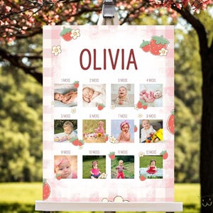 Pannello fotografico personalizzabile - Primo anno della bambina - Tema fragola - Pannello fotografico 12 mesi - Formato digitale