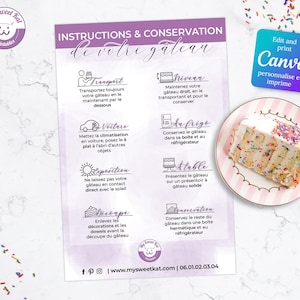 May include: A printable guide with instructions on how to transport, store, and serve a cake. The guide is in French and features illustrations of a car, a refrigerator, a table, and a cake.