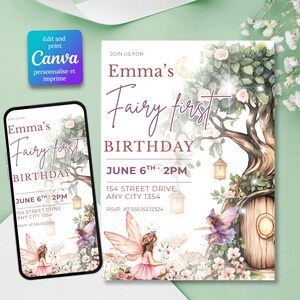 Peut inclure: Un modèle d'invitation numérique pour un premier anniversaire avec une illustration aquarelle de fée, un arbre à porte ronde, des lanternes suspendues et des roses roses. Le texte indique Emma's Fairy first BIRTHDAY, JUNE 6TH - 2PM.
