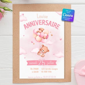 Carte d'anniversaire bébé ours pour fille personnalisable - Ourson rose invitation - Invitation digitale et/ou imprimer - FR/ENG