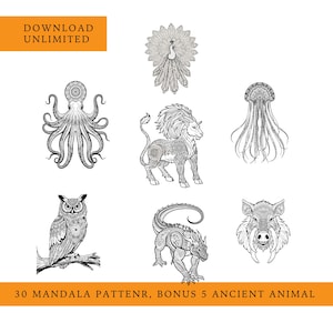 Animal Mandala SVG, Mandala Clipart, Animals Svg Bundle, Animal Mandala Printable Art, Ancient Mandala, Silhouette, 35 image