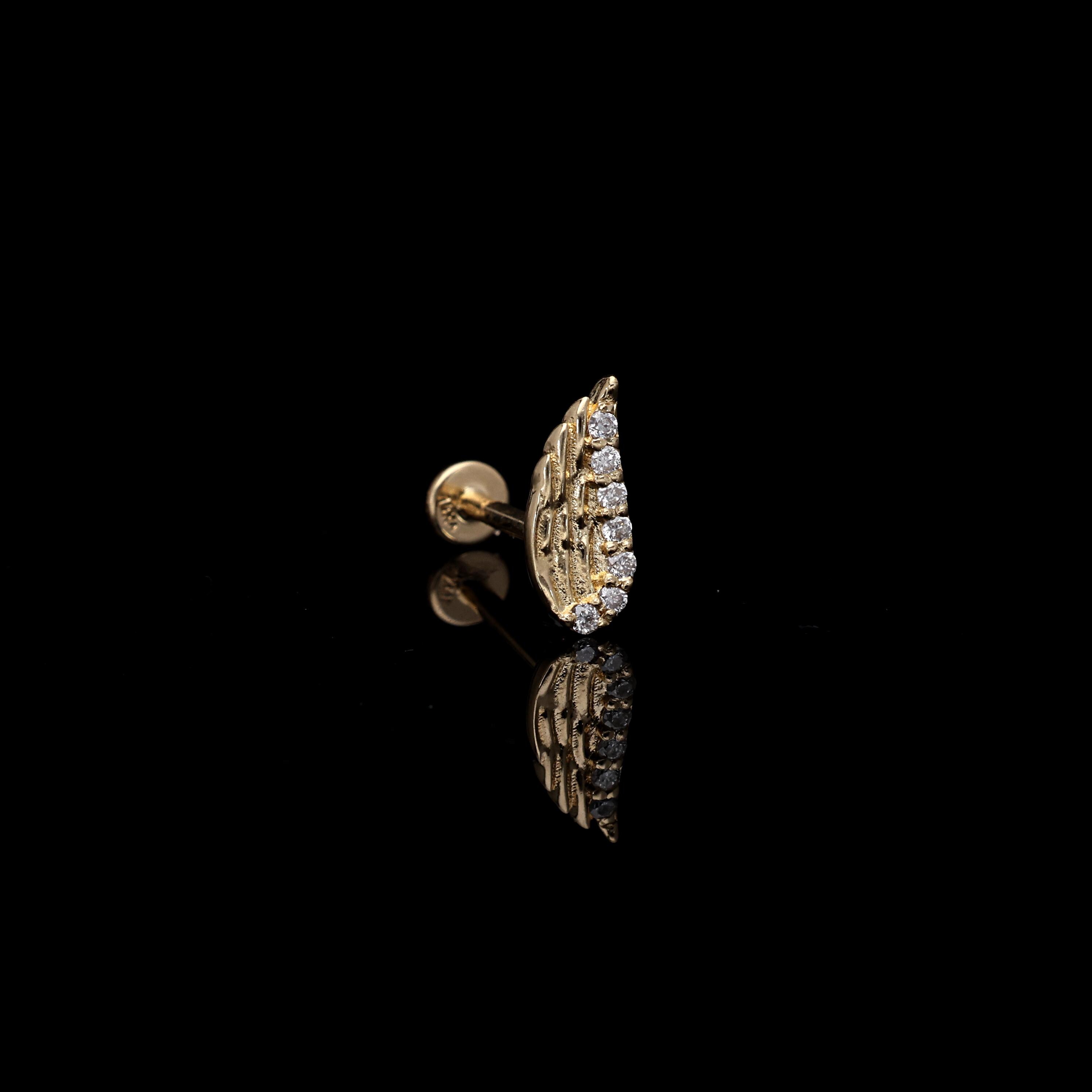 14k Solid Gold Diamond Angel Wing Piercing, Minimal Gift Angel Wing Shape Tragus Piercing
