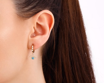 14k Gold Evil Eye Dangle Earrings: Minimalist Protection Gift