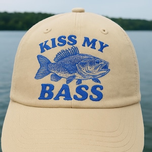 Embroidered Kiss My Bass Hat, Funny Fishing Cap for Men Dad Grandpa, Retro Fisherman Gift, Bass Bigmouth Fishing Classic Baseball Cap