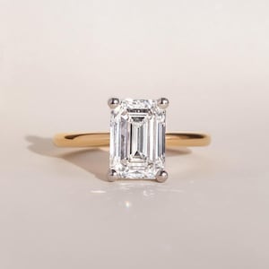 Delicate 2.52 CT Emerald Cut Lab Grown Diamond Ring,14k Solid Gold Two Metals Tone,4 Button Prongs,2 MM Straight Band,Proposal Gift For Her