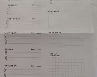 May include: A weekly planner with a grid for each day of the week, Monday through Sunday. Each day has a space for the date, a list of tasks, and a section for priorities. There is also a section for reminders, a section for next week's tasks, and a grid for notes.