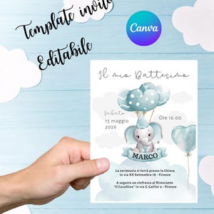 Invito Battesimo Bambino Editabile - Template Digitale Personalizzabile - Biglietto Battesimo - Canva Modificabile -  whatsapp, stampabile