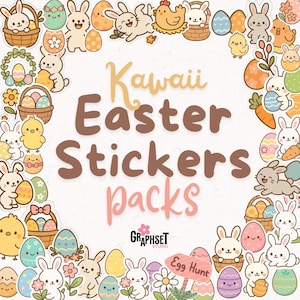 Kawaii Easter Sticker Pack | 60 Cute Bunny - Egg Stickers | Pastel Easter Stickers | Printable and Digital Stickers | Spring Decor Stickers