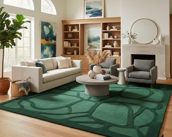 Handtufted Wool Rug – Modern Green Abstract Area Rug, Luxury Handmade Wool Carpet for Living Room & Contemporary Home Décor