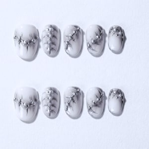 Bone Chain Press On Nails | Abstract Spine Design Nail | Spine Inspired Texture Nail | Almond Shape Statement Nail | Glossy Dark Finish Nail