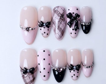Bow Press On Nails | Black Polka Dot Nails | Chic Feminine Style Nails Set | Black Bow Accent Nails Set | Sweet Trendy Style Nails Set