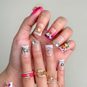 Kawaii Press On Nails｜3D Cute Character Nails｜Pink Glitter Nails｜Handmade Cartoon Acrylic Nails | Press on Nail Sets | Reusable Nails