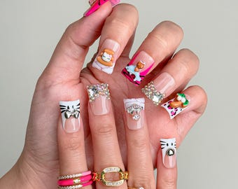 Kawaii Press On Naglar｜Söta 3D-figursnaglar｜Rosa Glitternaglar｜Handgjorda tecknade akrylnaglar | Press on-nagelset | Återanvändbara naglar