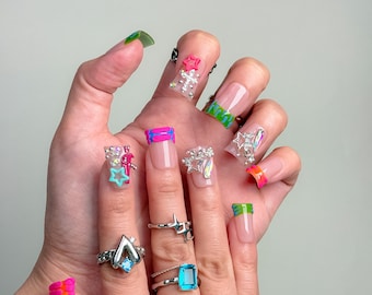 Bright Color Press On Nails｜Y2K Aesthetic Nails｜3D Star Design｜Playful Nail Art｜Cute Handmade Nails | Press on Nail Sets | Reusable Nails