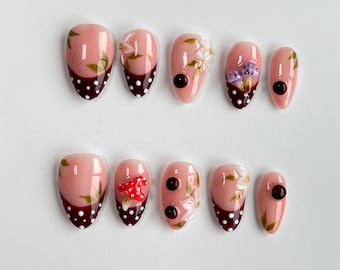 Cute Mushroom Press On Nails | Ladybug Nature Art | Forest Inspired Nails | Press on Nail Sets | Reusable Nails | Handmade Acrylic Nails