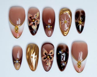 Luxury Press on Nails｜3d Flower Nails｜Nude Brown Nails｜Elegant Nail Art｜Press on Nail Sets | Reusable Nails | Handmade Acrylic Press ons