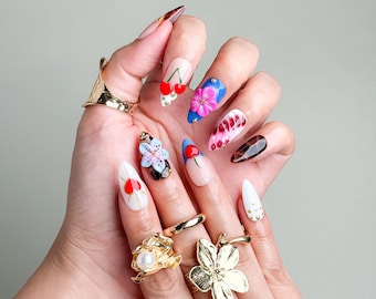 Colorful Press On Nails｜3D Flower Cherry Accent｜Trendy Long Nail Art | Glossy Fake Nails｜Press on Nail Sets | Reusable Nails | Acrylic Nails