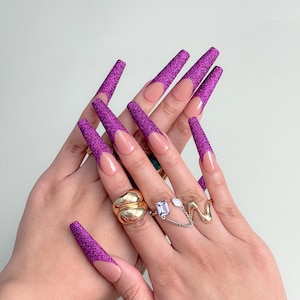 Purple Glitter Press On Nails｜French Tip Nails｜Glam Nail Design｜Party Nails｜Luxury Press Ons | Reusable Nail Set｜Handmade Acrylic Nails