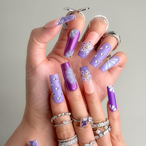 Lavender Press On Nails｜3D Floral Design｜Romantic Style Nails｜Handcrafted Spring Nails | Acrylic Nails | Press on Nail Sets | Reusable Nails