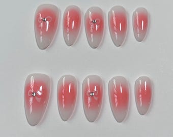 Elegant Ombre Press On Nails | Pink White Gradient False Nails | Press on Nail Sets | Reusable Nails | Handmade Acrylic Press on Nails