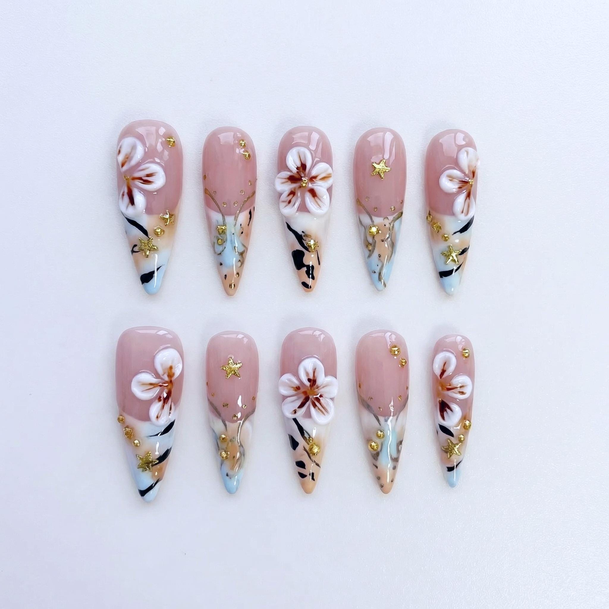 Fairy Pearl Press on Nails | Milky Pink Ombre Nails | White 3D Flower ...
