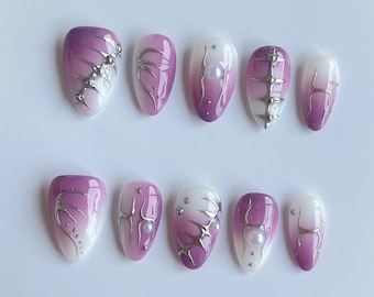 Uñas postizas ombré moradas / Diseño de uñas largas / Uñas de fiesta únicas / Juegos de uñas postizas / Uñas reutilizables / Uñas acrílicas postizas hechas a mano