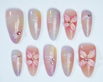 Pastel Press on Nails｜3d Flower Accent Nails｜Elegant Long Nails｜Pink Gradient Nails | Kpop Nails｜Reusable Nails | Handmade Press on Nails