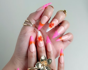 3D Floral Press On Nails｜Hot Pink Ombre Nails | French Almond Tip Nails｜Glossy Handmade Fake Set | Acrylic Press On | Reusable Nails