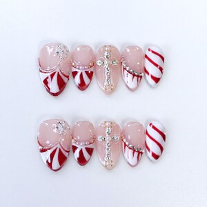 Candy Stripe Press On Nails | Sparkle Charm Nails | Graphic Pattern Square Nails | Elegant Almond Shape Nails | Festive Dessert Style Nails