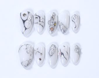 Milky White Press On Nails | Modern Clean Girl Nails | Silver Charm Detail Nails | Romantic Wedding Glow Nails | Luxury Minimal Mood Nails