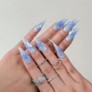Ice Blue Press On Nails｜3D Sculpted Nails｜Winter Style Nails｜Elegant Fake Nails｜Handmade Elegant Tips | Acrylic Nails | Reusable Nails
