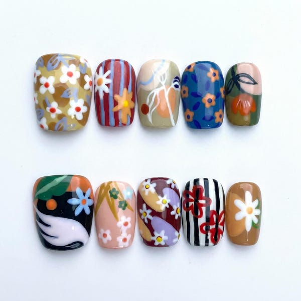 Colorful Retro Press On Nails | Mixed Pattern Almond Nails Design | Artistic Gel Nails Style | Bold Floral Style Nails | Creative Style Nail