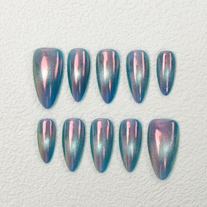 Niebieskie, opalizujące, prasowane paznokcie｜Chromowane, błyszczące paznokcie｜Fairycore Nails｜Zestawy do nakładania paznokci | Paznokcie wielokrotnego użytku | Ręcznie robione akrylowe, prasowane paznokcie