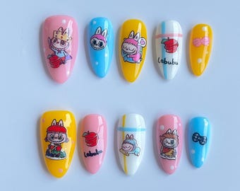 Presse de dessin animé coloré sur les ongles | Nail Art d'été avec personnage mignon | Presse sur les jeux d'ongles | Ongles réutilisables | Presse acrylique faite main sur les ongles