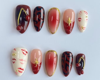 Sexy kersenlippen druk op de nagels | Rood patroon nepnagels | Nagelkunst voor de feestdagen | Druk op nagelsets | Herbruikbare nagels | Handgemaakte acrylnagels