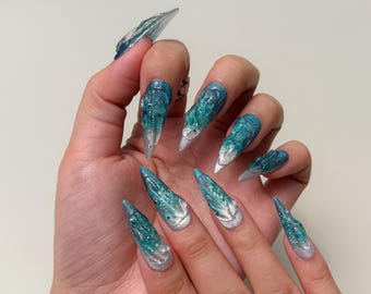 Blue Green Press On Nails｜Long Stiletto Nails｜Glitter Gradient Look Nails｜Press on Nail Sets | Reusable Nails | Handmade Acrylic Nails