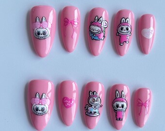 Rosa press-on-naglar | Tecknad nagelkonst | Söta lekfulla långa lösnaglar | Press-on-nagelset | Återanvändbara naglar | Handgjorda press-on-naglar i akryl