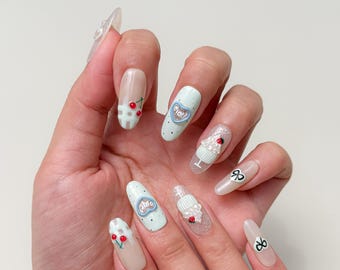 Kawaii Press On Nails｜Koreanska söta naglar｜Kort nagelkonst｜Rosetthjärtdesign | Press on nagelset | Återanvändbara naglar | Handgjorda naglar