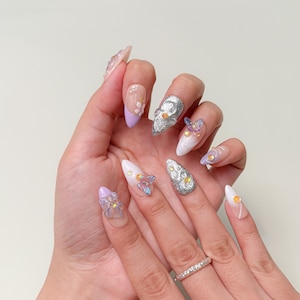 Purple Press On Nails｜3D Butterfly Nail Art｜Trendy Fake Nails | Glitter Shiny Nails｜Press on Nail Sets | Reusable Nails | Handmade Nails