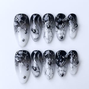 Black Silver Gothic Press On Nails | White Black Contrast Nail Set | Monochrome Gradient Press Nail Set | Art Style Long Coffin Nails Set
