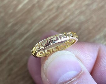 14K Yellow Gold Greek Key Ring: Handmade Meander Jewelry, Size 8.25