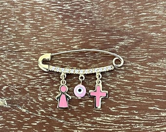 9K Gold Baby Cross Pin - Yellow Gold, Pink Eye Enamel, Handmade in Greece, Spiritual Gift