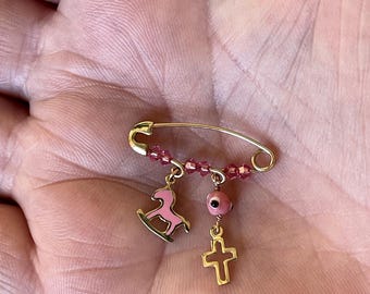 9K Gold Baby Cross Pin - Pink Topaz, Enamel Eye, Yellow Gold, Handmade in Greece