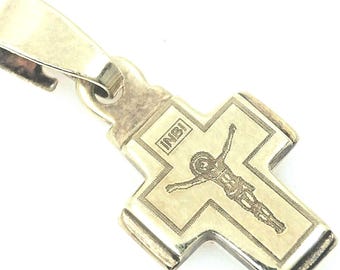14K Gold Engraved Jesus Cross Pendant: Handmade Religious Charm