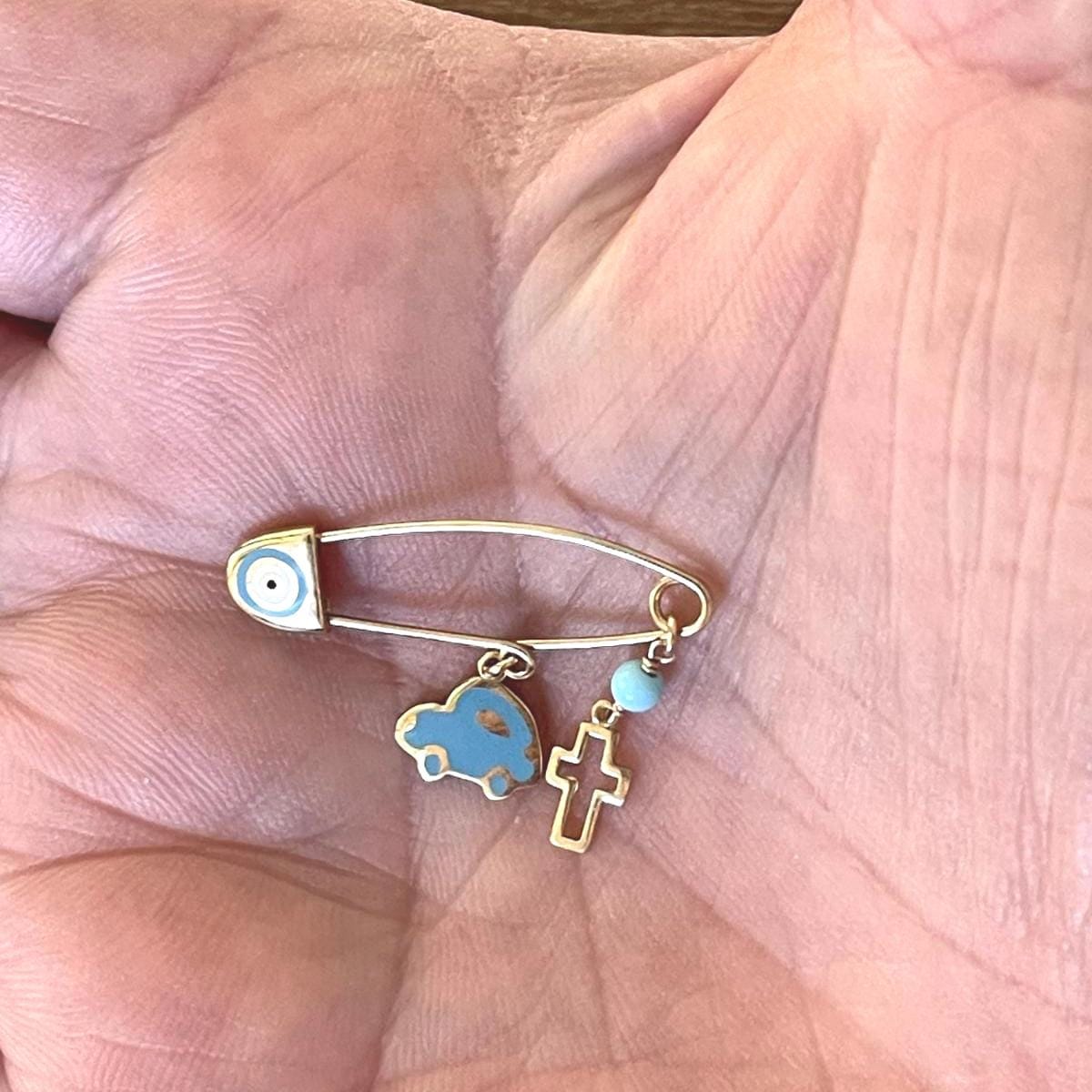 9K Gold Baby Cross Pin - Turquoise Enamel, Yellow Gold, Handmade in Greece, Spiritual Gift